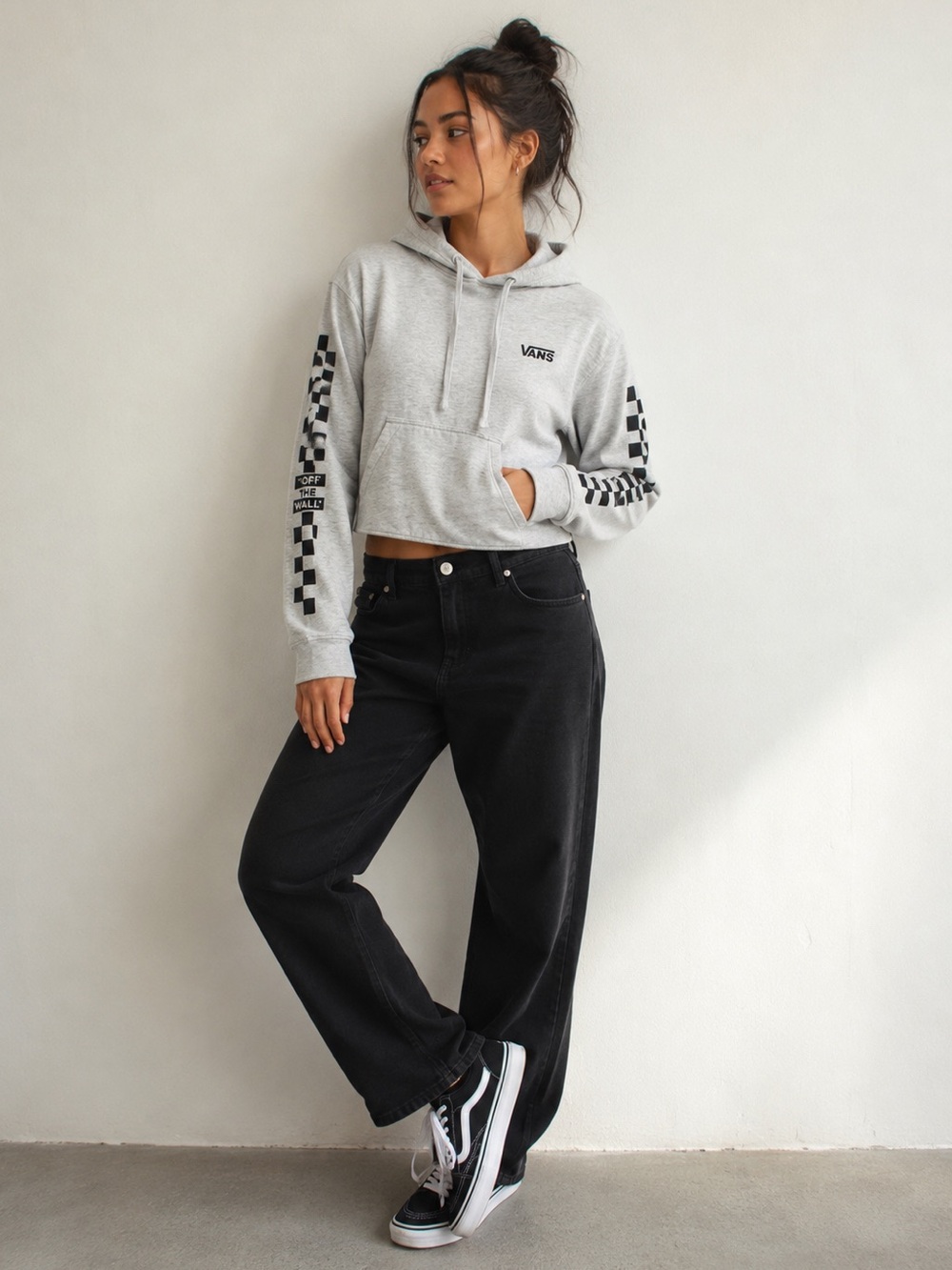 Vans Women’s Small Off The Wall Checkerboard Crop Hoodie – Heather Gray